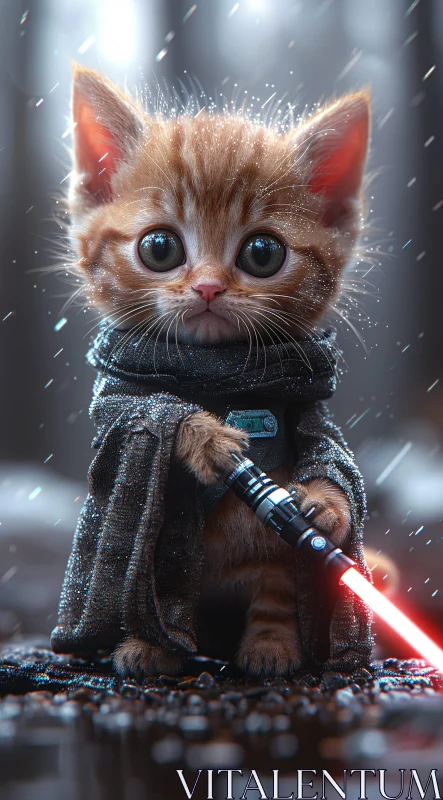 AI ART Ginger Kitten with a Cloak and Lightsaber in Rain