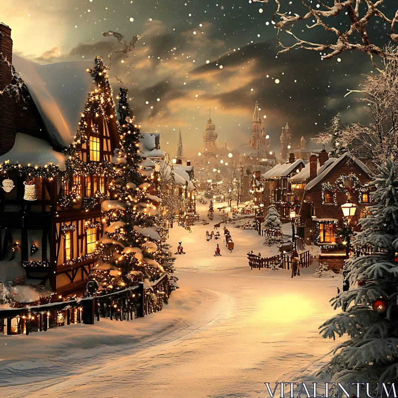 Enchanting Snow-Covered Village Glows in Evening Light AI Image