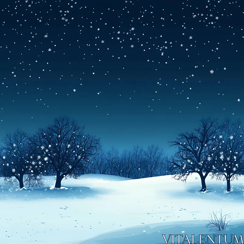 Snowy Night in Serene Winter Landscape AI Image