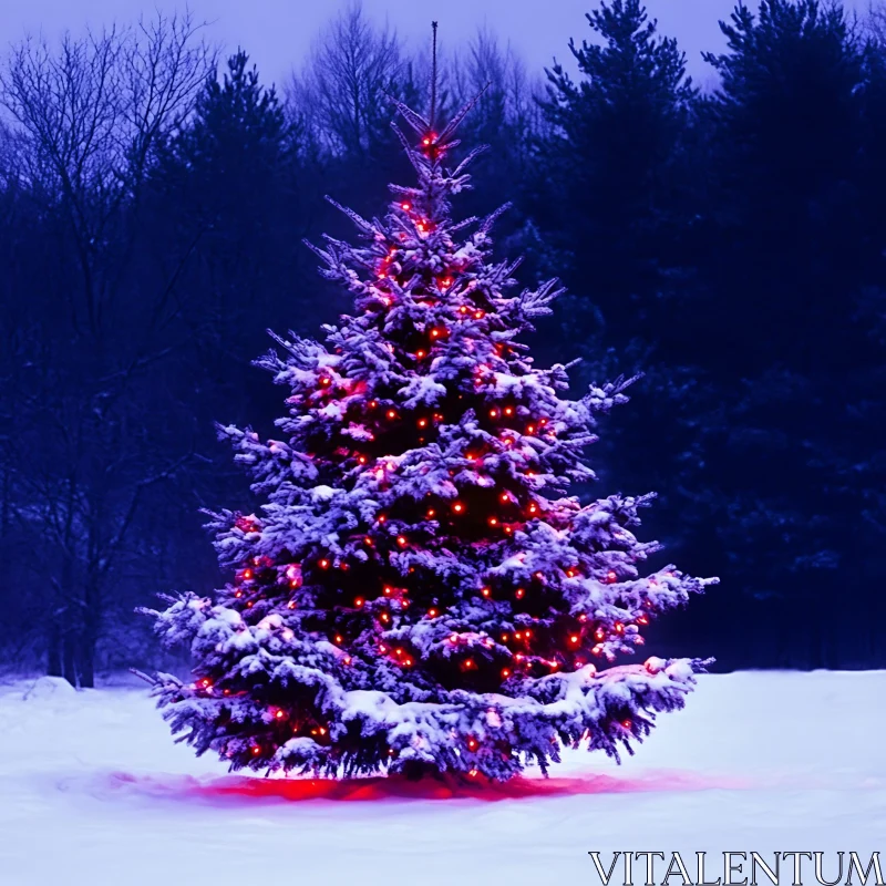 Snowy Christmas Tree with Red Lights in Forest AI Image