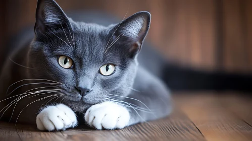 Close-Up of Gray Cat on Wooden Floor