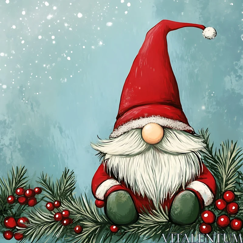 Festive Gnome with Red Hat and Pine Branches AI Image