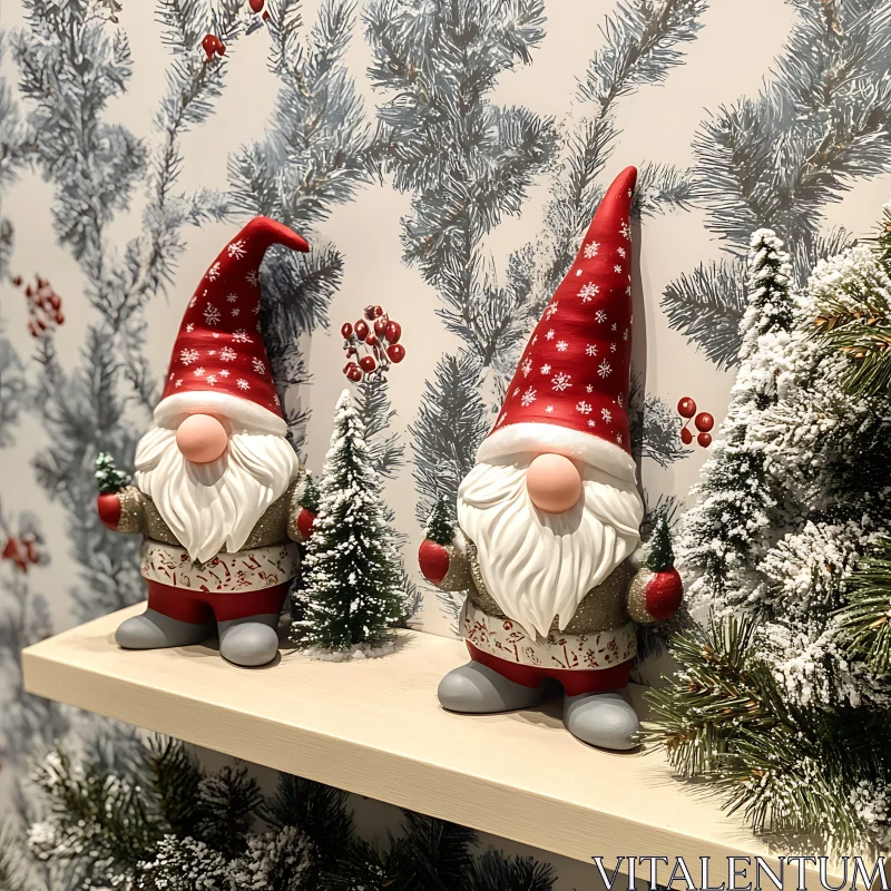 Holiday Gnomes with Red Snowflake Hats and Wintery Background AI Image