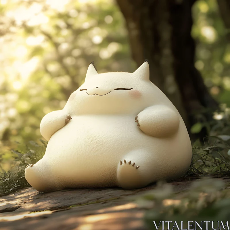 Chubby Cat Creature Lounging in Sunlit Woods AI Image