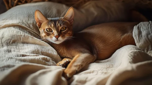 Alert Golden-Brown Cat Resting on Soft Blanket