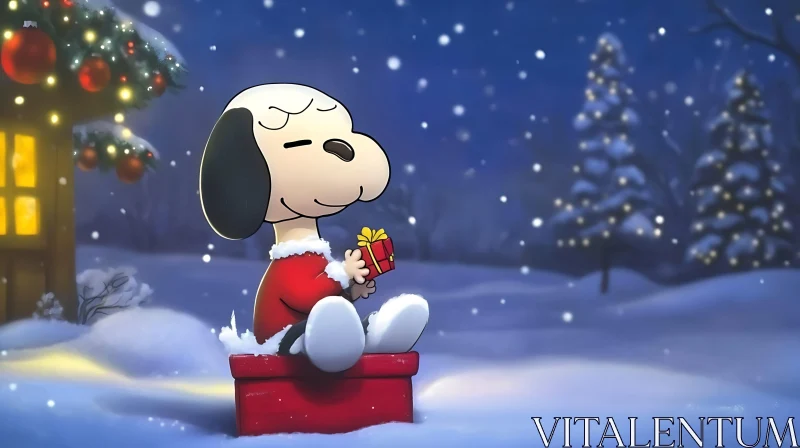 AI ART Festive Cartoon Dog Enjoying Christmas Gift in Winter Wonderland