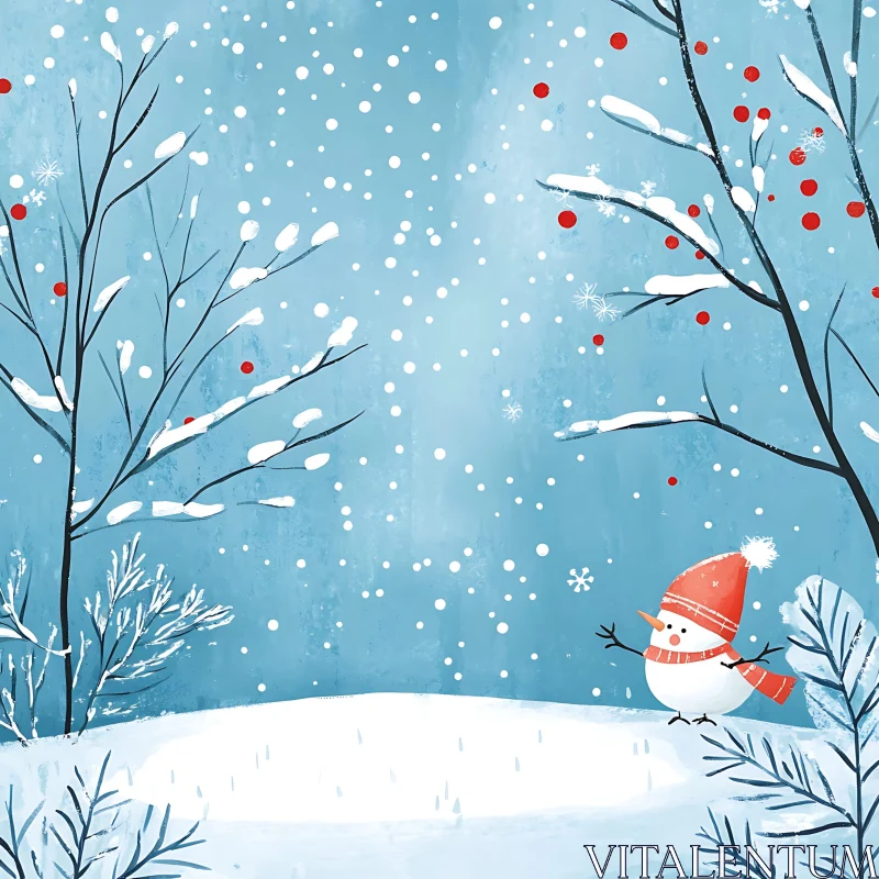 Serene Winter Wonderland with Snowfall and Snowman AI Image