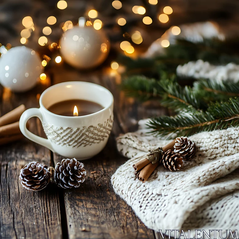 Winter Warmth with Candle and Pinecones AI Image