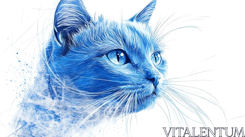 Blue Feline Digital Painting with Detailed Fur and Whiskers AI Image