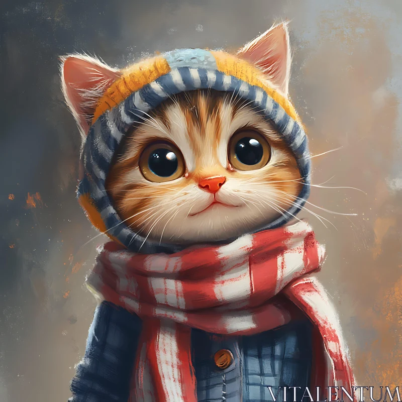 Cute Cat with Beanie and Scarf AI Image