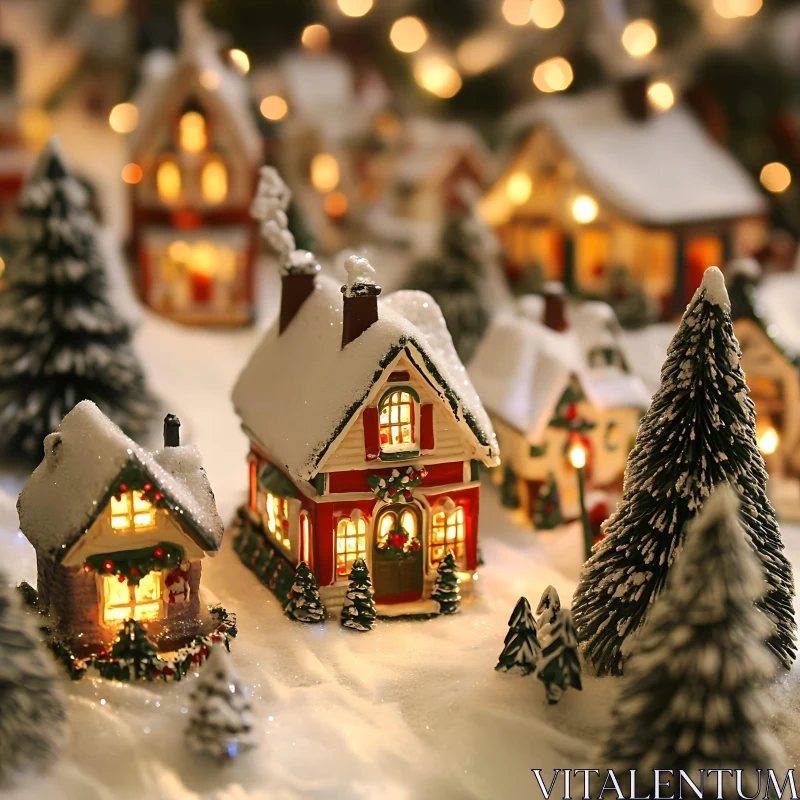 Miniature Snowy Christmas Village with Holiday Lights AI Image