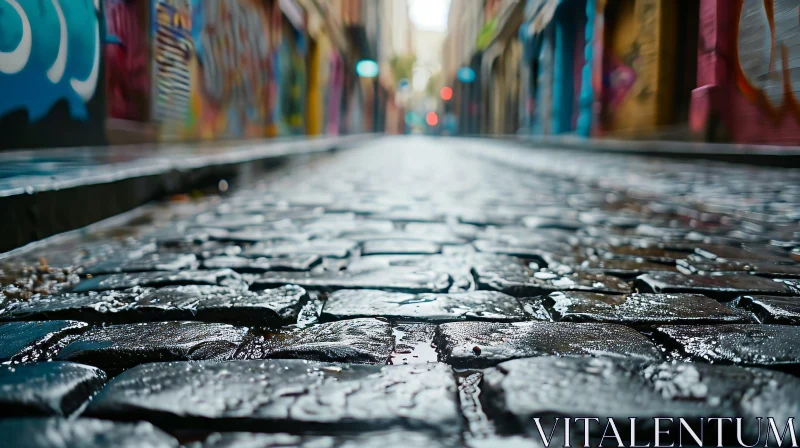 Close-up of a Wet Cobblestone Street with Colorful Graffiti AI Image