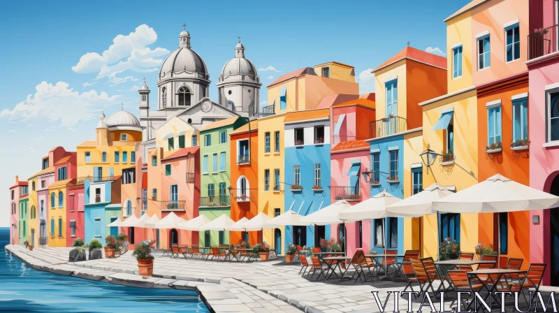 Colorful Town Streetscape: Charming Cafes and Bright Buildings AI Image