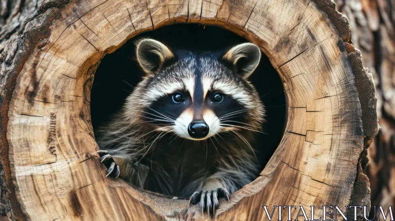 Curious Raccoon Peeking from Tree Trunk - Wildlife Photography AI Image