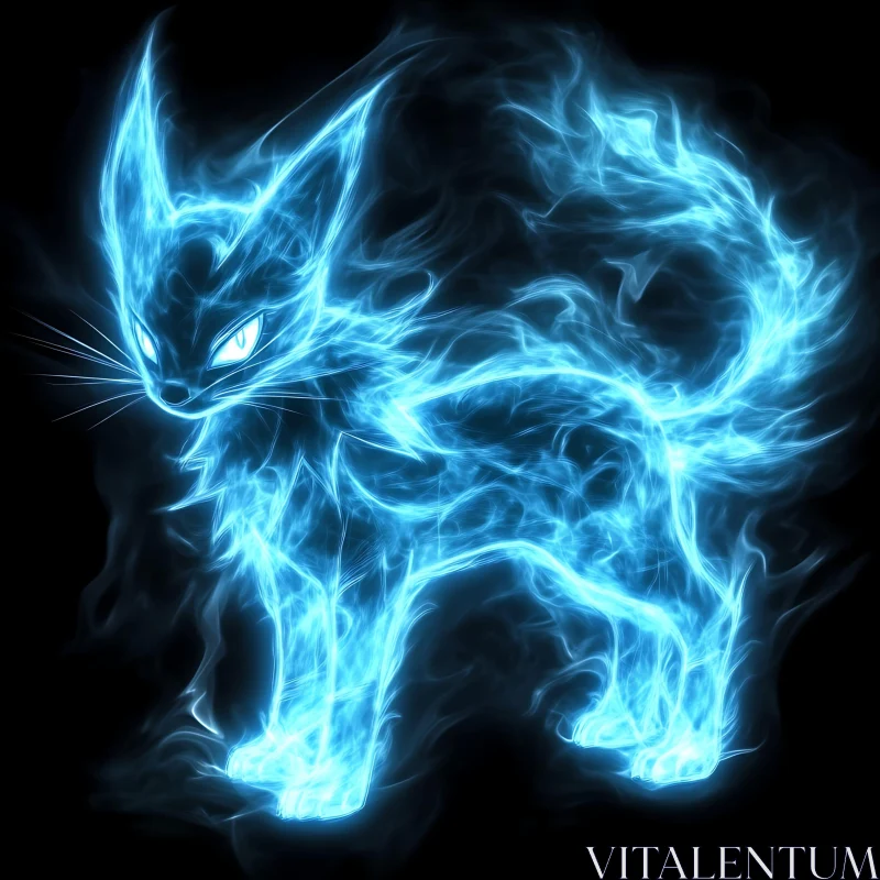 Mystical Blue Fiery Cat Art AI Image