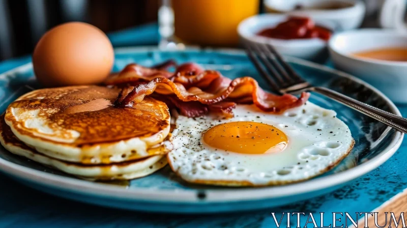 Delicious Breakfast of Pancakes, Bacon, and Eggs on a Blue Plate AI Image