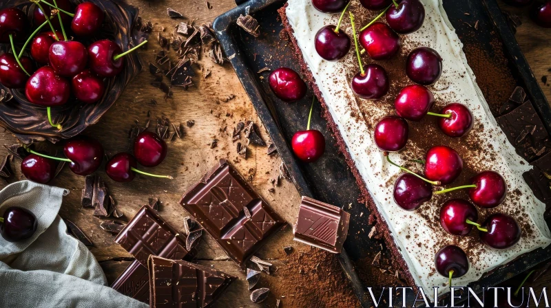 Delicious Chocolate Cake with Cherries on Wooden Table AI Image