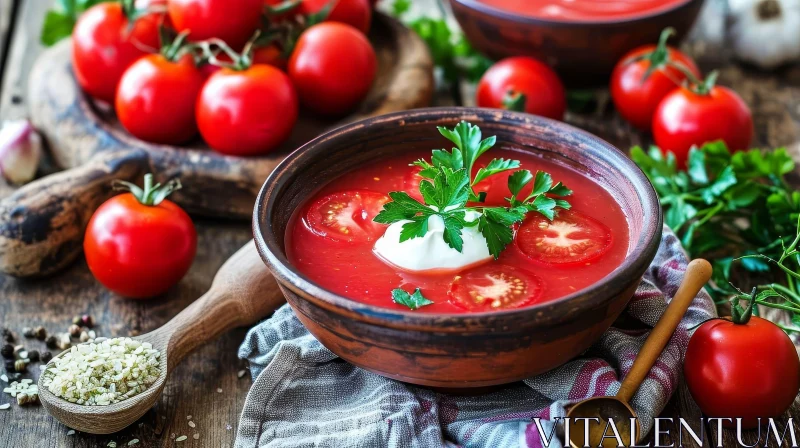 Delicious Tomato Soup on a Wooden Table AI Image