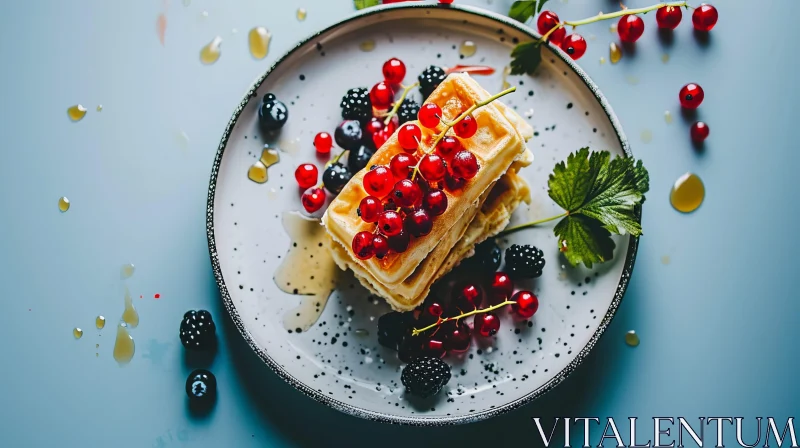 Delicious Waffles with Berries and Honey on Blue Table AI Image