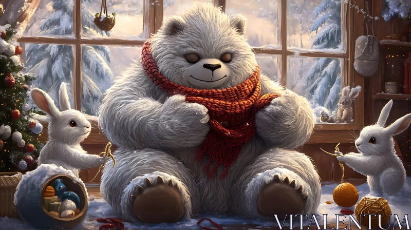 Warm Holiday Scene with Bear and Bunnies AI Image