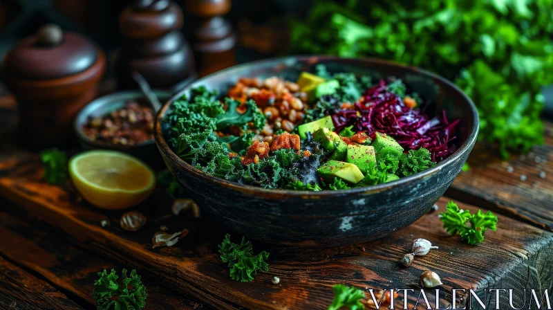 Fresh and Vibrant Salad on Wooden Table - Photostock Image AI Image