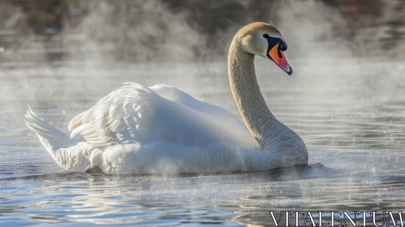 Graceful Swan on Misty Lake - Serene Nature Image AI Image
