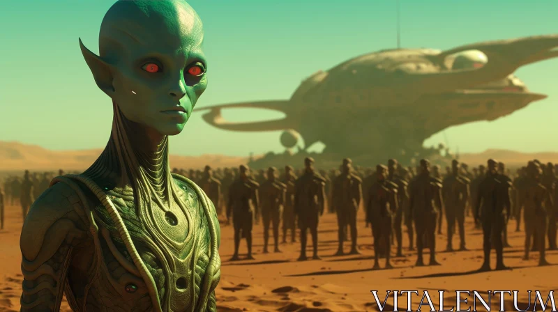 AI ART Green Aliens in Desert with Spaceship - Enigmatic Scene