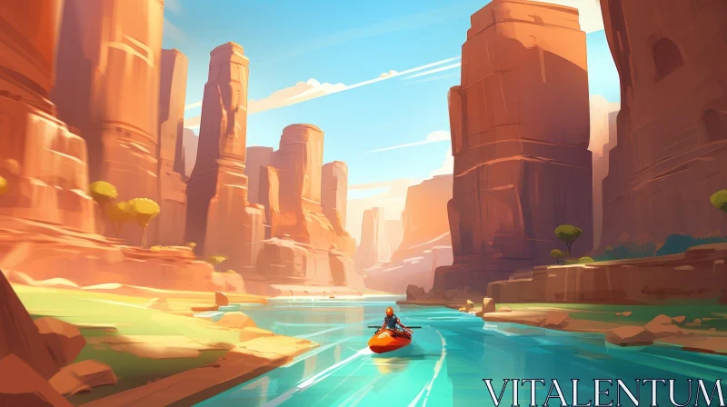 Kayaker in Red Kayak - Serene River Canyon Scene AI Image