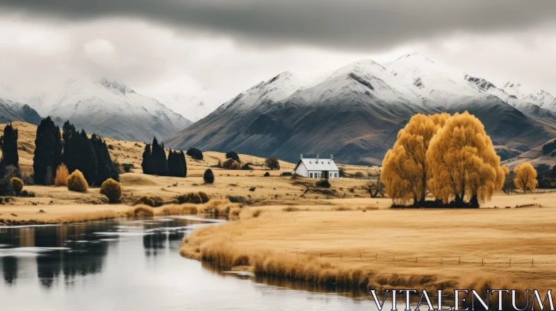 Stunning New Zealand Landscape with Yellow Trees, River, and Mountains AI Image