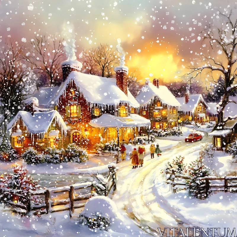 Snowy Winter Village with Warmly Lit Cottages AI Image