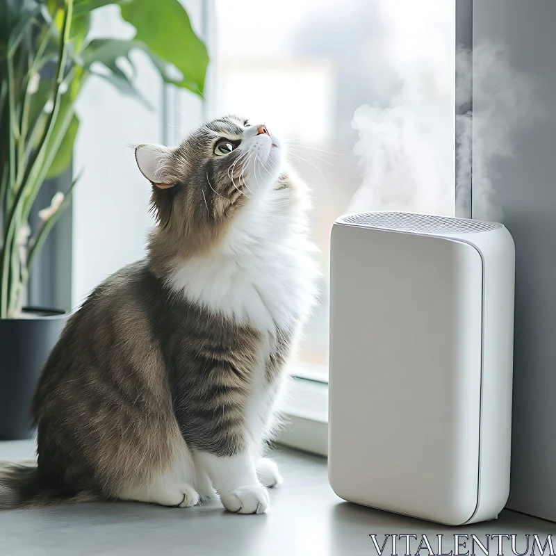 Fluffy Cat Observing Humidifier Mist by Window AI Image