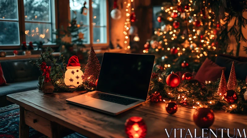 Holiday Decor Featuring Laptop and Christmas Tree AI Image