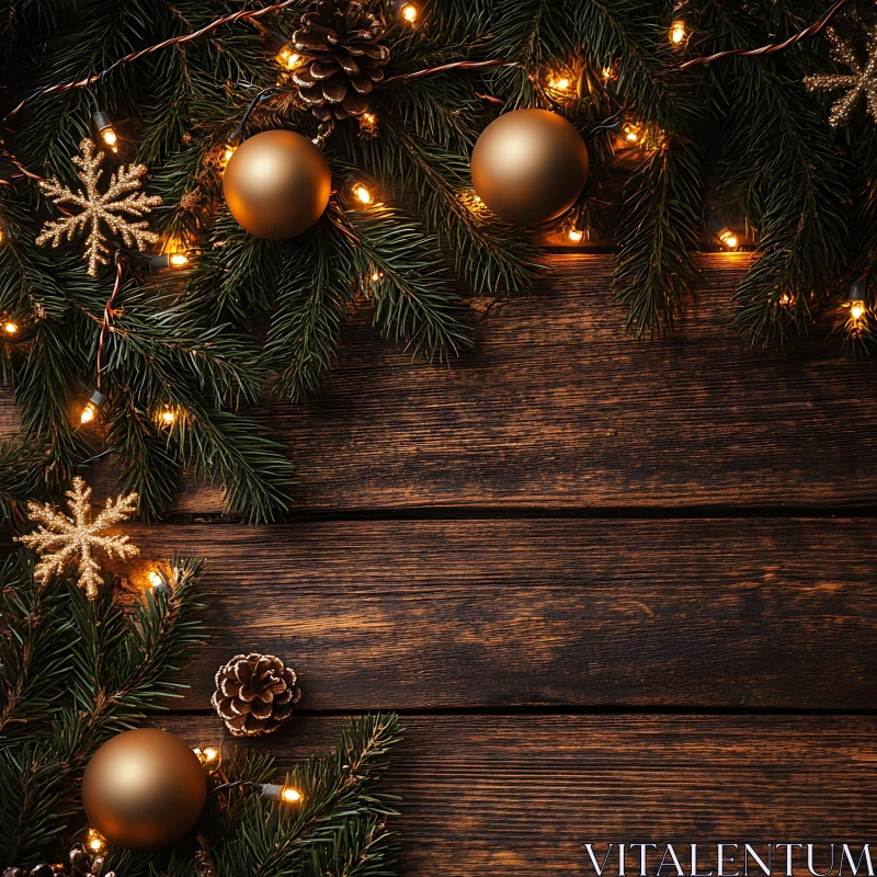 Rustic Christmas Decor with Golden Baubles and Glittering Snowflakes AI Image