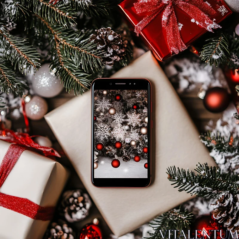 Festive Holiday Scene with Decorations and Smartphone AI Image