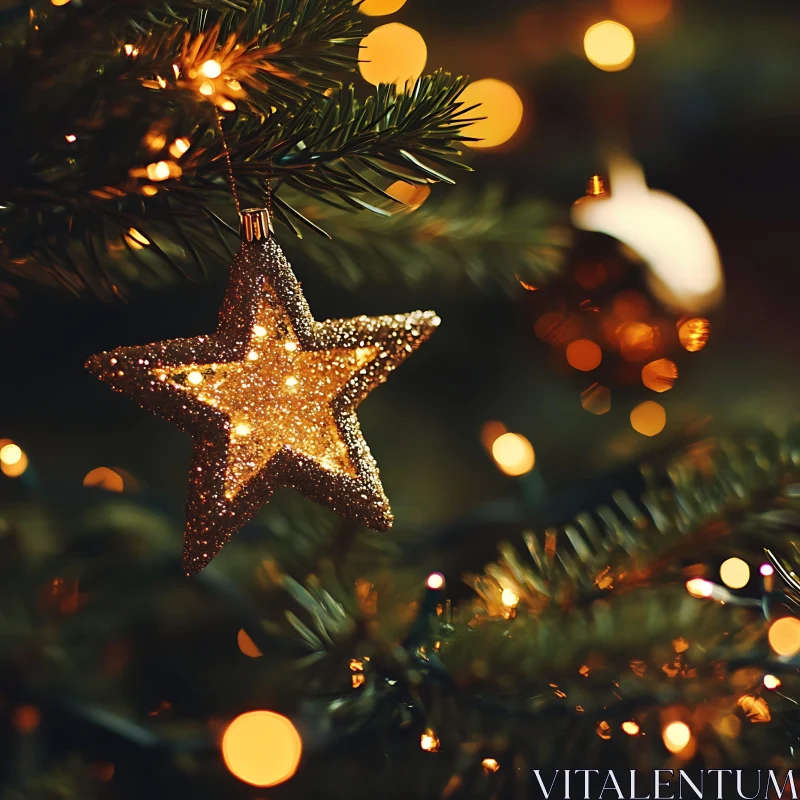 Sparkling Star Hanging on Holiday Tree With Bokeh Lights AI Image