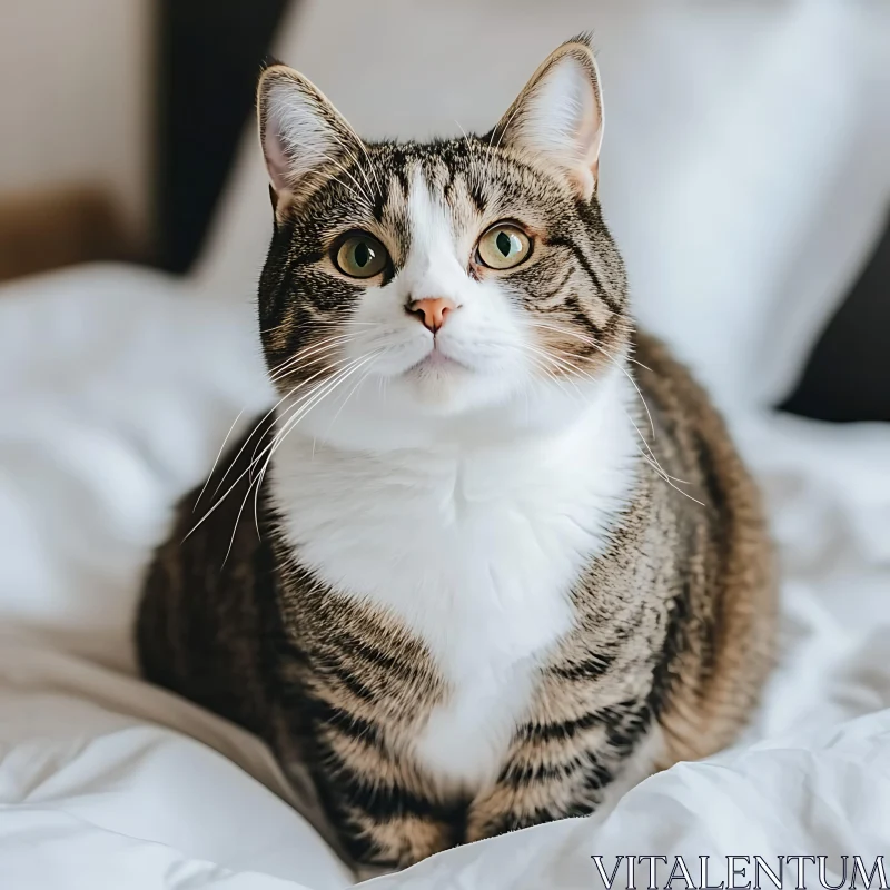 Cute Tabby Cat Sitting on Bed AI Image