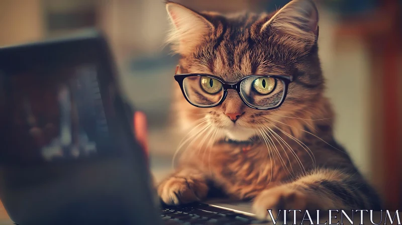 AI ART Inquisitive Cat Wearing Glasses Staring at Laptop