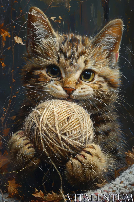 AI ART Cute Kitten Playing with Ball of Yarn