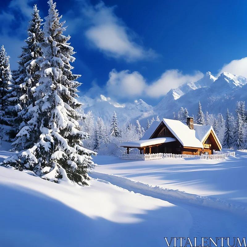 Snow-Covered Cabin in Winter Wonderland AI Image