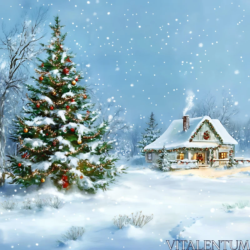 Cozy Cabin and Christmas Tree in Snowy Landscape AI Image