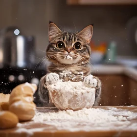 Cute Cat with Flour in Kitchen