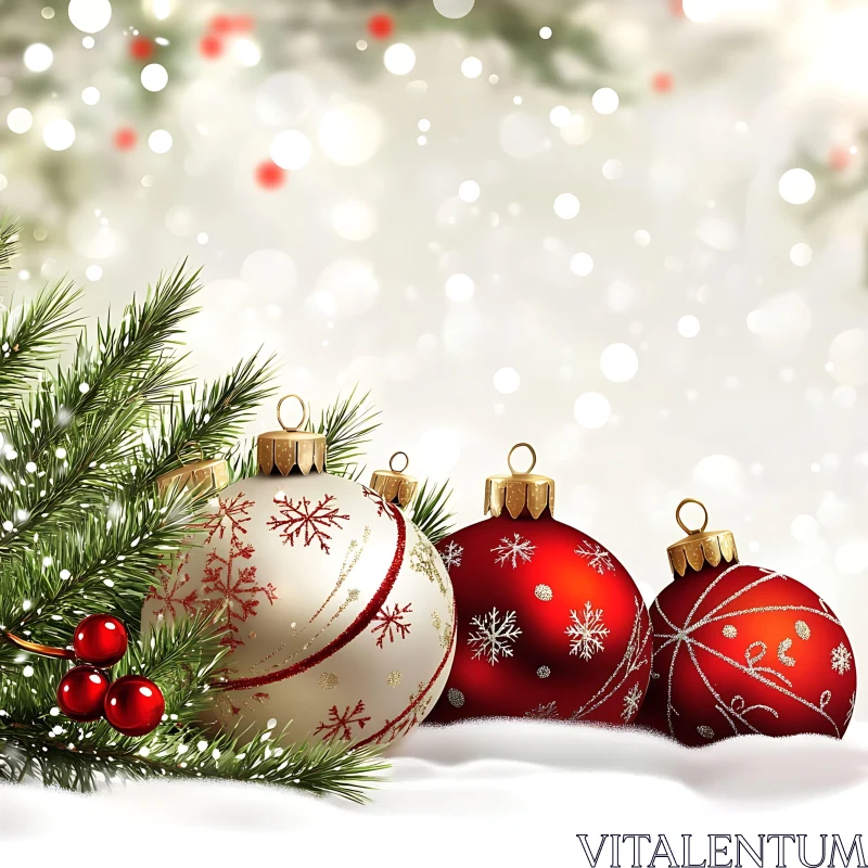 Holiday Decorations with Red and White Ornaments AI Image