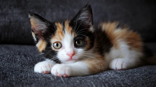 Cute Calico Kitten on Dark Grey Surface