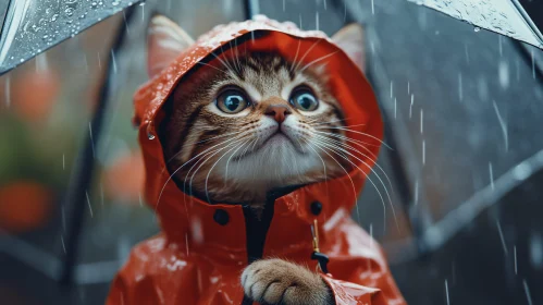 Cute Cat Sheltered from Rain in a Raincoat