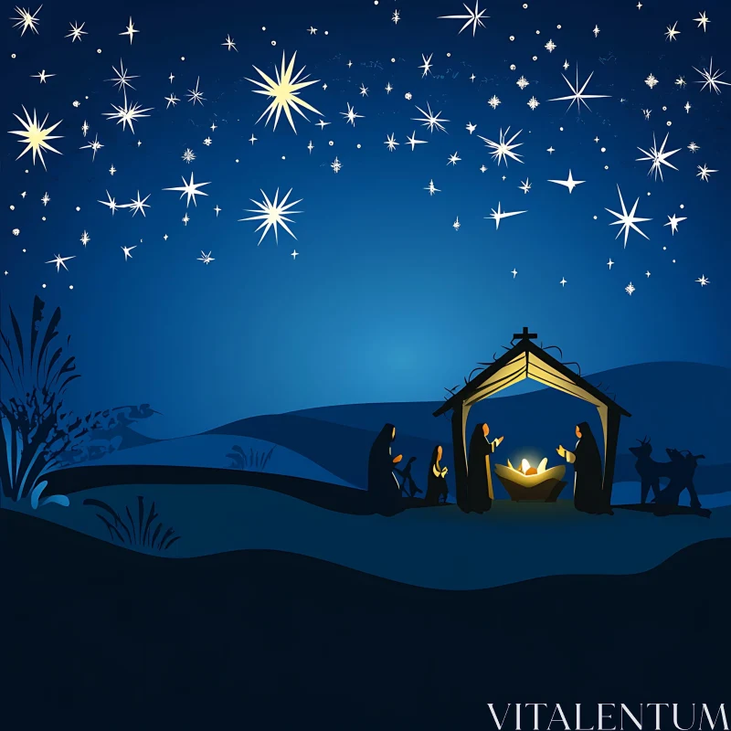 Radiant Nativity Scene and Star-filled Sky AI Image