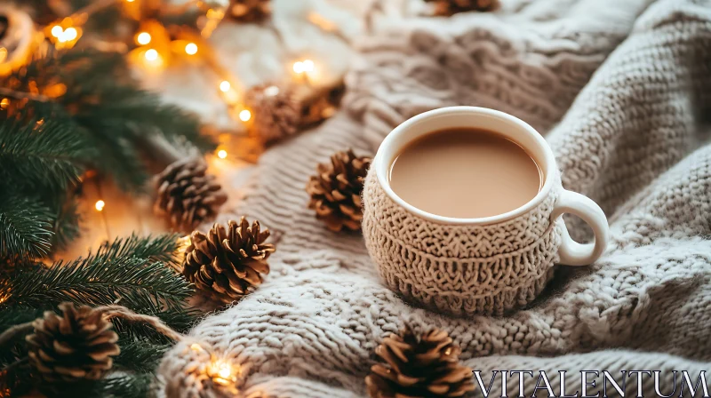 Warm Holiday Vibes with Pinecones and Hot Drink AI Image