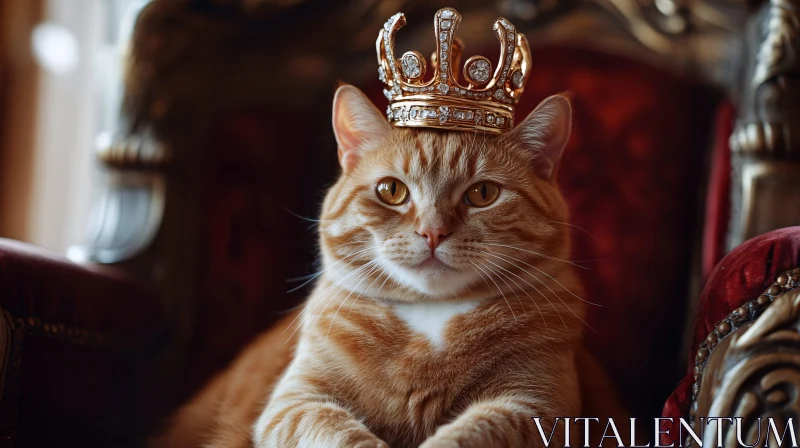 Regal Ginger Cat with Crown on Throne AI Image