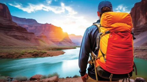 Captivating Nature Artwork: Adventurer with Backpack Gazing over a River