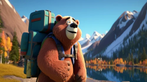 Cheerful Bear in Adventure-Themed Mountain Landscape