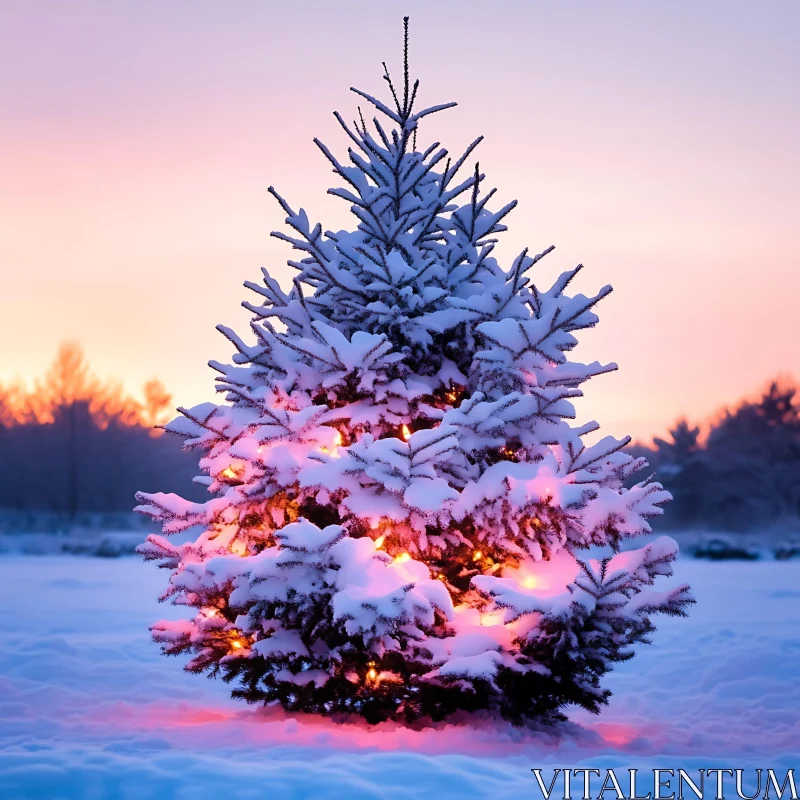 Snow-Covered Christmas Tree with Lights at Sunset AI Image